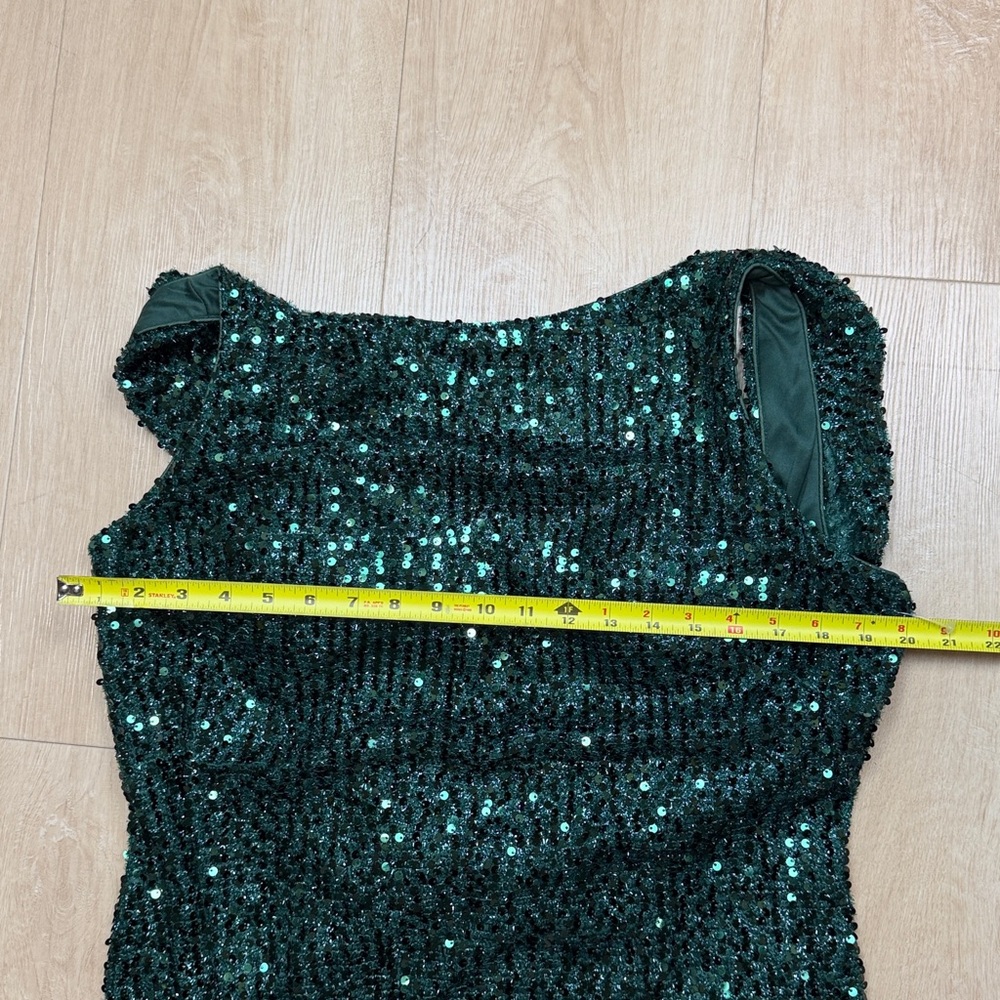 leena for Mac Duggal Cowl Back Boat Neck Sequined Evening Gown Emerald - Picture 6 of 7